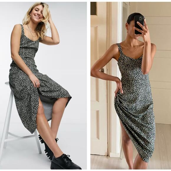 FREE PEOPLE Lorelai Printed Midi Dress Tie Back Black Daisy Floral {3R2}